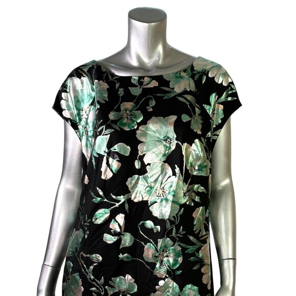Avenue Floral Print Black & Green Cap Sleeve Midi Sheath Dress 18 - Picture 8 of 8